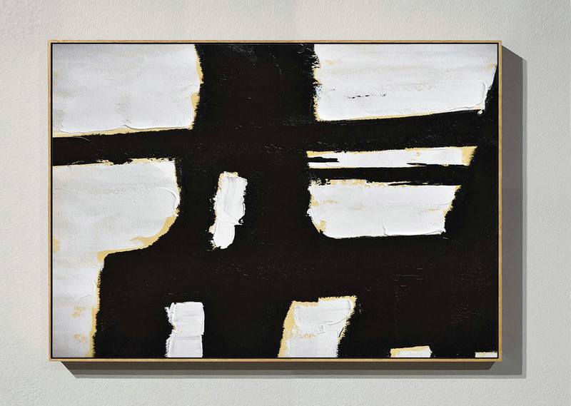 Original Abstract Painting Canvas Art,Horizontal Palette Knife Minimal Canvas Art Painting Black White Beige - Hand-Painted Contemporary Art